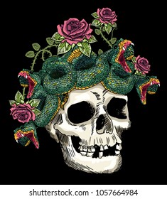 skull and snake in the roses.vector design