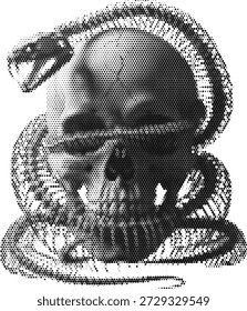 Skull and snake serpent illustration in halftone monochrome tattoo style