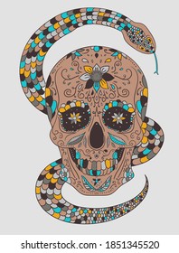 Skull and snake. Shirt Design & Printing, clothes, bags, posters, invitations, cards, leaflets etc. Vector illustration hand drawn.