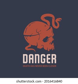 Skull with snake for skeleton print. Halloween undead and walking dead. Fear, horror and spooky zombie for design dark party of happy halloween