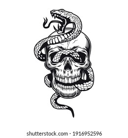 Skull with snake tattoo design. Monochrome element with dead skeleton head vector illustration. Wild animal gothic concept for symbols and labels templates