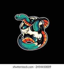 Skull with Snake Vector Illustration style, element graphic illustration design template