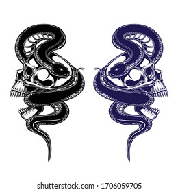 skull and snake vector illustration. tattoo design. inking black work. hand draw. for t-shirt, card, logo, and wallpaper.