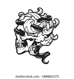 Skull with a snake and vintage leaves.