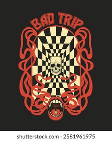 skull with snakes , open mouse, psychedelic illustration, t-shirt print, poster, optical illusion, BAD TRIP