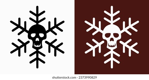 Skull snowflake illustration for gothic Christmas decorations. Creepy holiday season ornament black, white and red aesthetic. Minimalist vector for printable products.