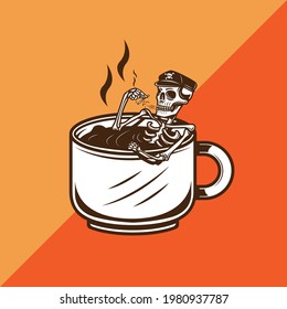 calavera empapándose en una taza de café mientras fuma un cigarrillo. ilustración vectorial