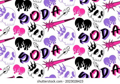 Skull soda seamless pattern in pink and purple colors