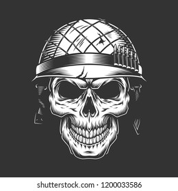 Skull in soldier helmet monochrome concept in vintage style isolated vector illustration