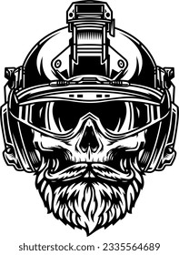 Skull in the soldier helmet. vector bearded skull