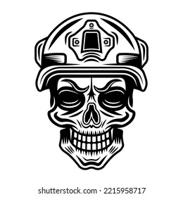 Skull of soldier in protective helmet vector illustration in vintage monochrome style isolated on white background