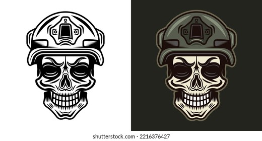 Skull of soldier in protective helmet vector illustration in two styles monochrome on white and colorful on dark background