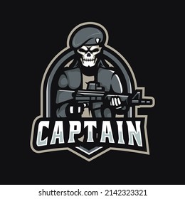 Skull-Soldat Vektor-Maskottlogo-Design mit moderner Illustrationskonzeption für den Druck von Abzeichen, Emblem und T-Shirt. Skull Soldaten Illustration mit Schusswaffen in der Hand.