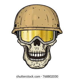 The skull of a soldier wearing a helmet
