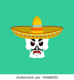 Skull in sombrero angry Emoji. Mexican skeleton for traditional feast day of the dead.