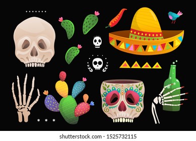 Skull Sombrero Cactus Mexican Symbols. Mexico Day of the Dead, Dia de los Muertos, symbols. Sugar skull, cactus leaves, colorful hand drawn watercolor style objects.