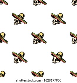 SKULL AND SOMBRERO COLOR SEAMLESS PATTERN WHITE BACKGROUND