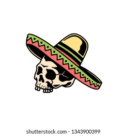 SKULL AND SOMBRERO COLOR WHITE BACKGROUND