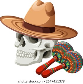 Skull with sombrero and colorful maracas