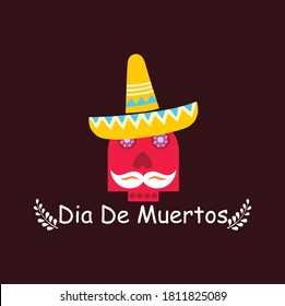 Skull with sombrero, Day of the dead banner for poster with colorful Mexican flowers. Fiesta holiday poster concept, party flyer, funny greeting card