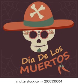 Skull in a sombrero decorated with flowers and patterns for the traditional Mexican holiday Day of the Dead, vector image on a dark background with cobwebs and chili