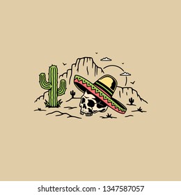 SKULL WITH SOMBRERO IN DESERT COLOR BACKGROUND