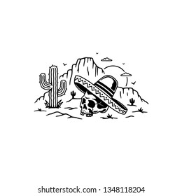 SKULL WITH SOMBRERO IN DESERT WHITE BACKGROUND