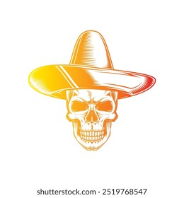 Crânio em um sombrero. Dia De Los Muertos. Ilustração vetorial original em estilo vintage isolado no fundo branco. Design de camiseta. Mão desenhada, não por AI!