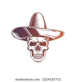 Crânio em um sombrero. Dia De Los Muertos. Ilustração vetorial original em estilo vintage isolado no fundo branco. Design de camiseta. Mão desenhada, não por AI!