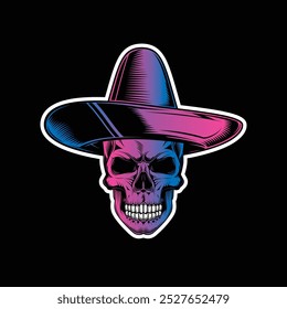 Crânio em um sombrero. Dia De Los Muertos. Ilustração vetorial original em estilo vintage isolado no fundo preto. Design de camiseta. Desenhado à mão, não com IA