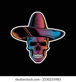 Crânio em um sombrero. Dia De Los Muertos. Ilustração vetorial original em estilo vintage isolado no fundo preto. Design de camiseta. Desenhado à mão, não com IA