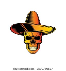 Crânio em um sombrero. Dia De Los Muertos. Ilustração vetorial original em estilo vintage isolado no fundo branco. Design de camiseta. Desenhado à mão, não com IA