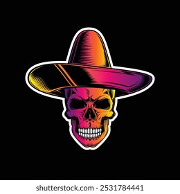 Crânio em um sombrero. Dia De Los Muertos. Ilustração vetorial original em estilo vintage isolado no fundo preto. Design de camiseta. Desenhado à mão, não com IA