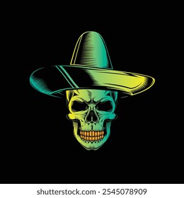 Crânio em um sombrero. Dia De Los Muertos. Ilustração vetorial original em estilo vintage isolado no fundo preto. Design de camiseta. Desenhado à mão, não com IA