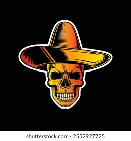 Skull in a sombrero. Dia De Los Muertos. Original vector illustration in vintage style isolated on black background. T-shirt design. Hand drawn, not AI