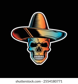 Skull in a sombrero. Dia De Los Muertos. Original vector illustration in vintage style isolated on black background. T-shirt design. Hand drawn, not AI