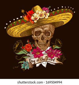 Skull in sombrero with flowers Day of The Dead