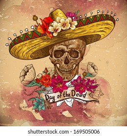 Skull in sombrero with flowers Day of The Dead