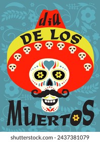 Skull in sombrero with flowers Day of The Dead. Day of the dead, Dia de los muertos background, banner and greeting card concept with sugar skull. Colorful vector illustration