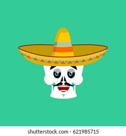 Skull in sombrero happy Emoji. Mexican skeleton for traditional feast day of the dead.