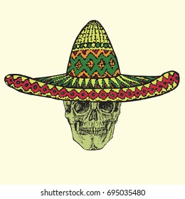 Skull in sombrero hat, hand drawn doodle, sketch in woodcut style, color vector illustration
