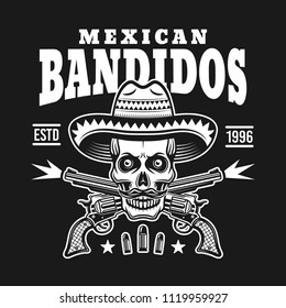 Skull in sombrero hat with mustache and two crossed pistols vector emblem, label, print or logo isolated on dark background