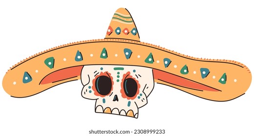 Skull in sombrero hat vector cartoon Cinco de Mayo decorative element isolated on a white background.