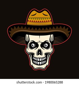 Skull in sombrero hat vector illustration in colorful cartoon style isolated on dark background