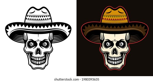 Skull in sombrero hat vector illustration in two styles black on white and colorful on dark background