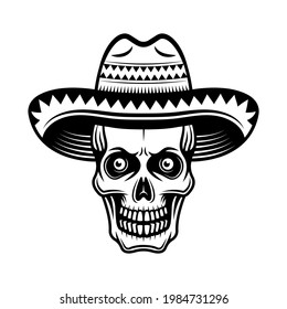 Skull in sombrero hat vector illustration in monochrome vintage style isolated on white background
