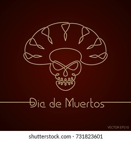 Skull in a sombrero. Hispanic logo Dia de Muertos means 'Day of the Dead'. Symbol of a Mexican holiday. Calavera formed by endless golden line. Knot work, line art for invitation card or tattoo design