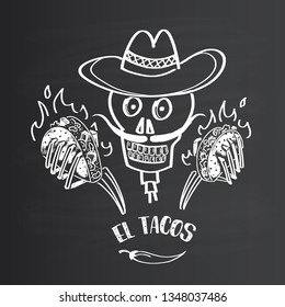 Skull in sombrero holding tacos. Hand-drawn vector illustration of chalk on blackboard. Food concept