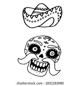 Skull and sombrero icon set on white isolated backdrop. Santa muerte for invitation or gift card, notebook, bath tile, scrapbook. Phone case or cloth print art. Doodle style stock vector illustration