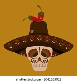 Skull in a sombrero for the Mexican holiday of the day of the dead. Decorated with patterns and chili peppers. Vector image for banners, social networks, cards, invitations.